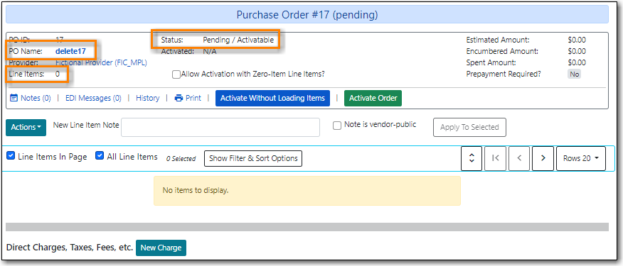 purchase order screen highlighting state is Pending, name is delete1, and total line items is 0