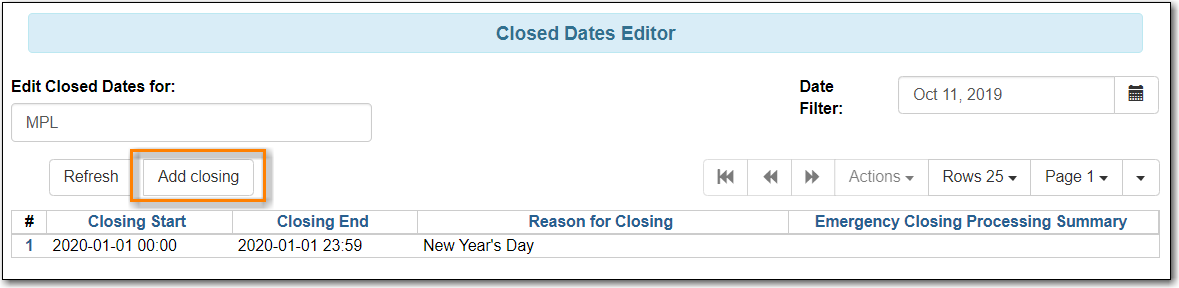 Closed Dates Editor