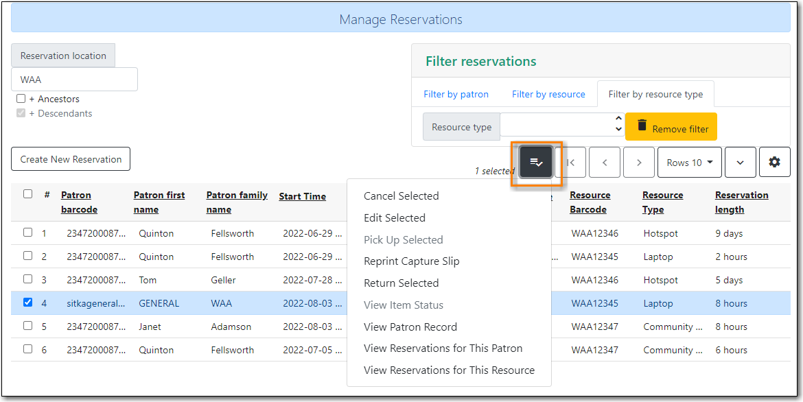 manage reservation actions