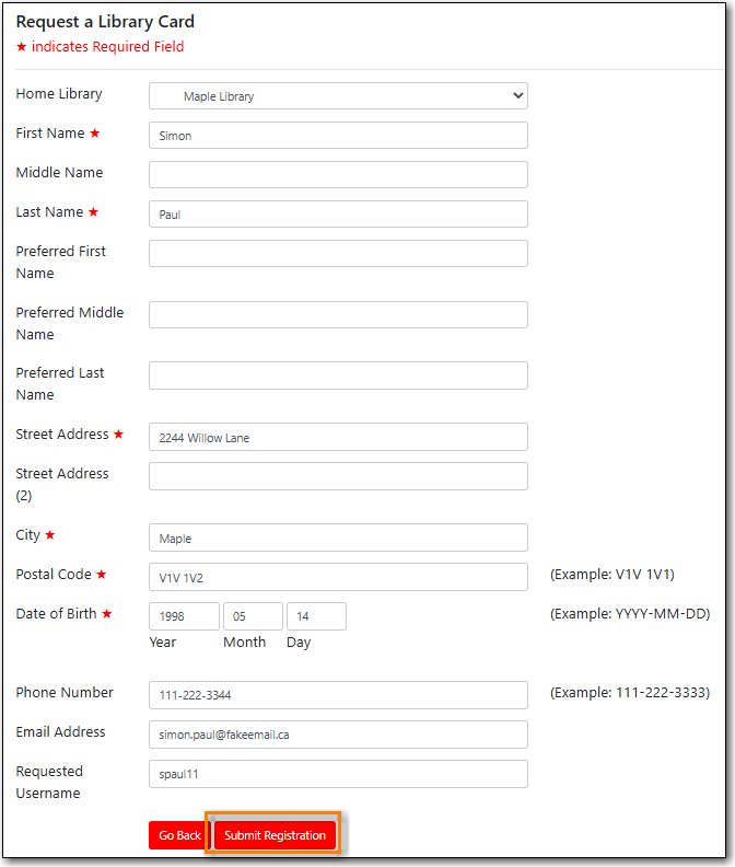 Patron Self-Registration form