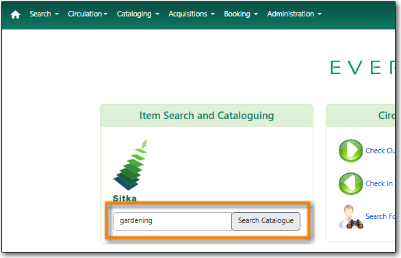 The Item Search and Cataloguing section of the splash page with the search bar highlighted.