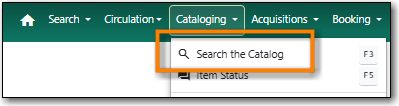 Cataloging menu with Search the Catalog highlighted.