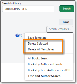Search Templates menu with Delete Selected and Delete All Templates highlighted